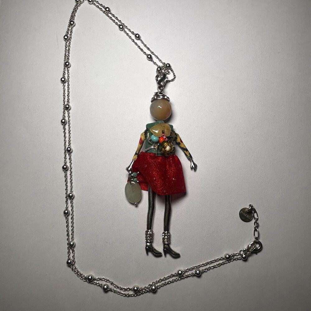 RS Paris Signed Articulated Doll Diva Pendant Necklace Jewelry Stone